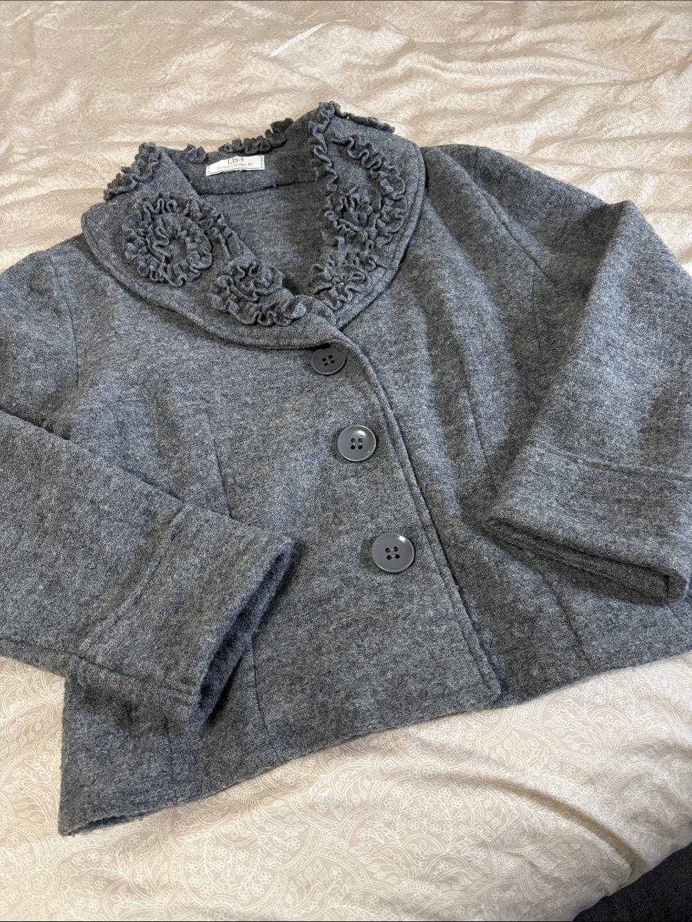 Lisa Women's Gray Button-Front Wool Blend Jacket with Decorative Collar
